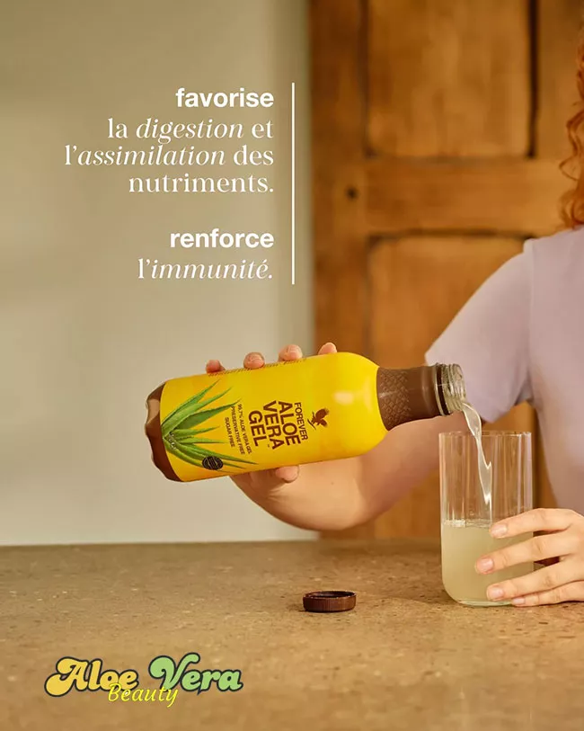 Bouteille officielle Forever Aloe Vera Gel au Maroc avec feuille d’aloe vera fraîche