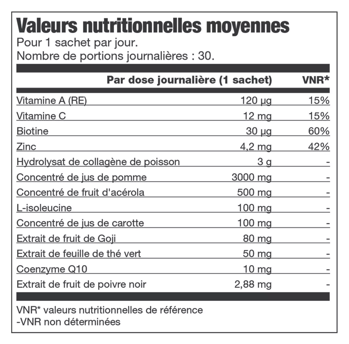 Forever Marine Collagen Valeurs nutritionnelles moyennes